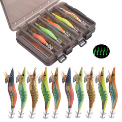 Luminous full body squid jig lure glowing in dark water