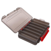 Gray double-sided fishing lure storage box with lid open