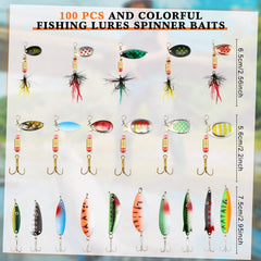 100-piece fishing lure assortment with spinnerbaits and spoons