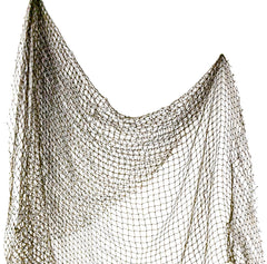 Repurposed 5x10 ft fishing net draped on wall for nautical decor