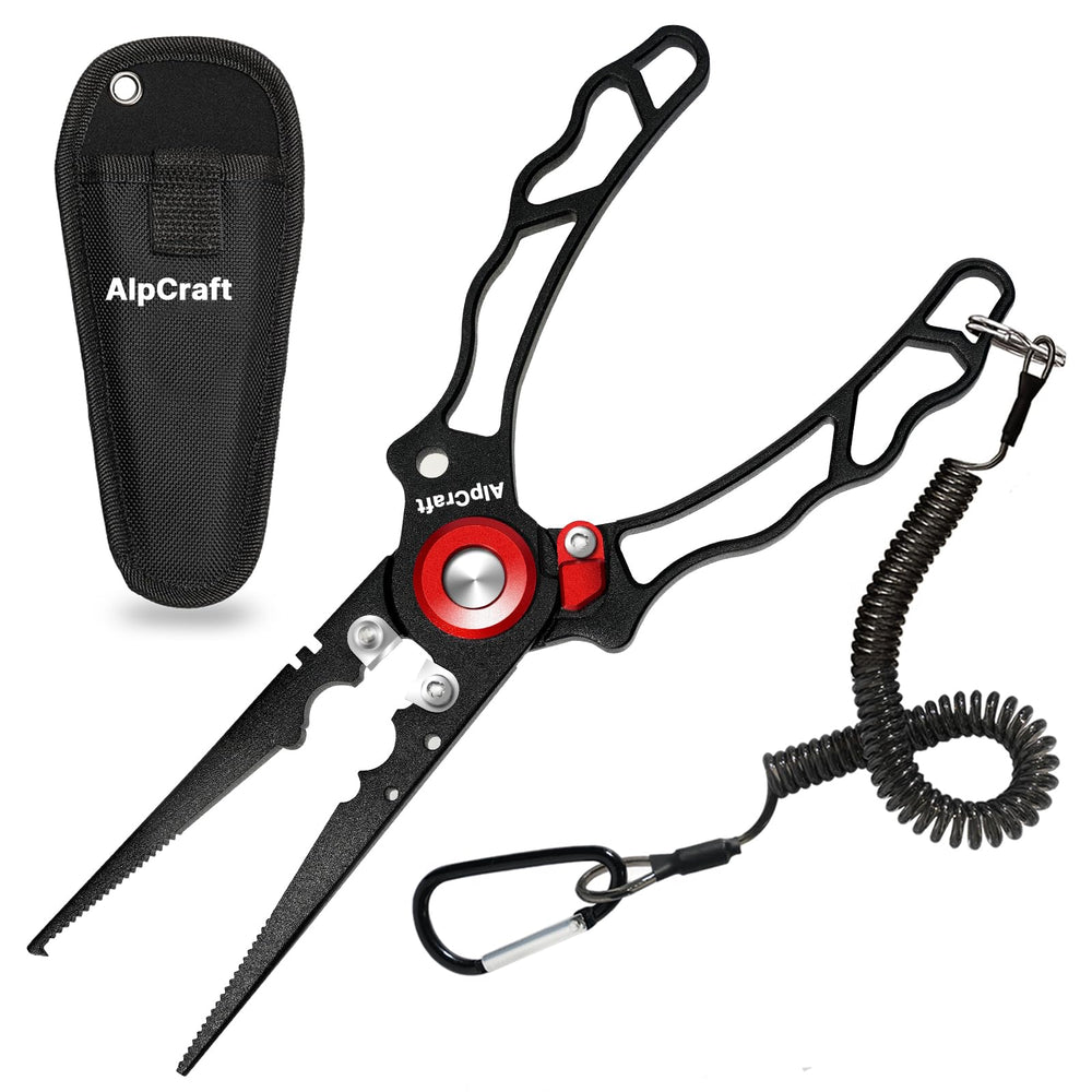 Black multi-function saltwater fishing pliers with corrosion-resistant stainless steel