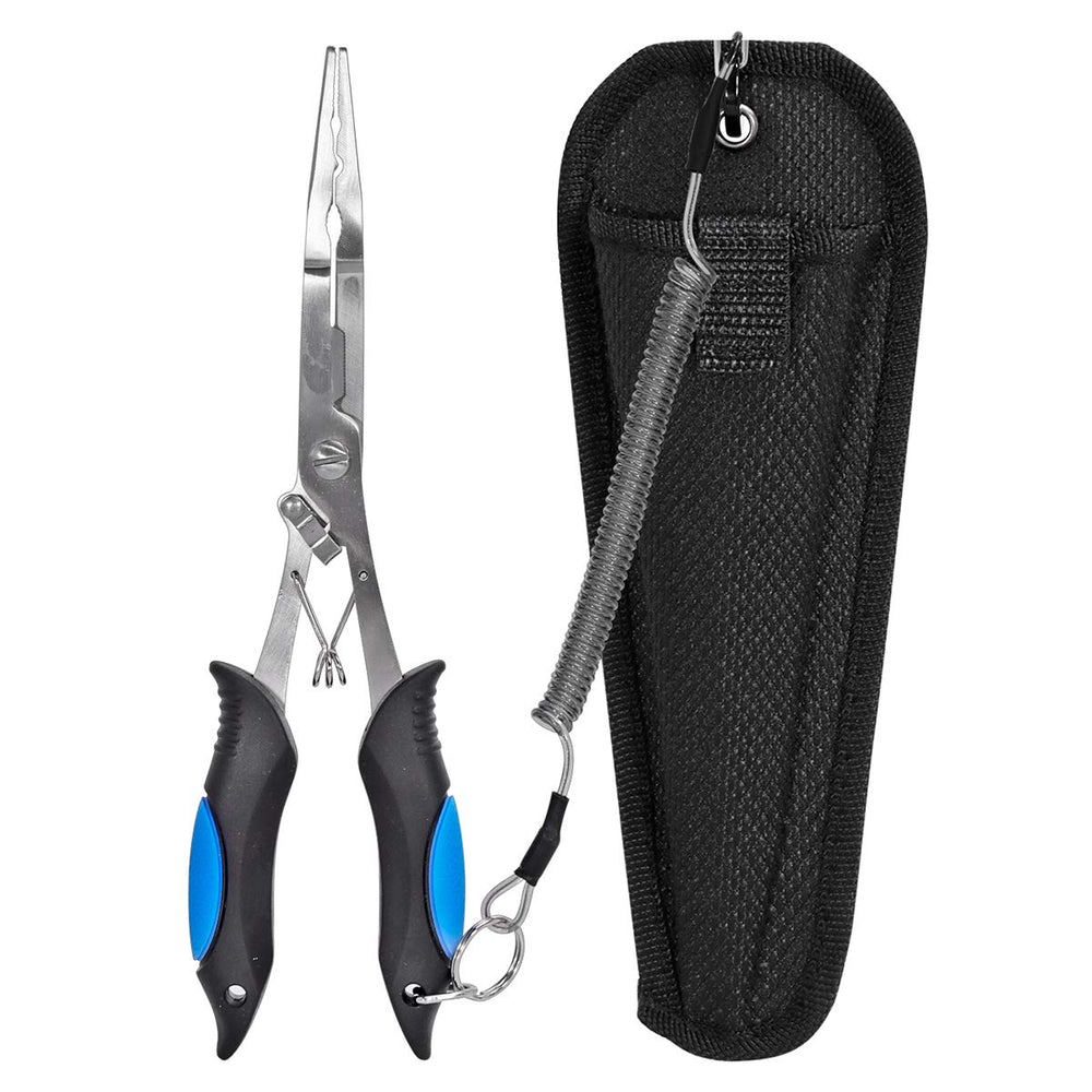 Stainless steel fishing pliers with long nose and sheath for saltwater and freshwater