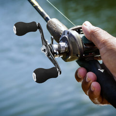 Rocker fishing reel handle with EVA grip for right-side installation