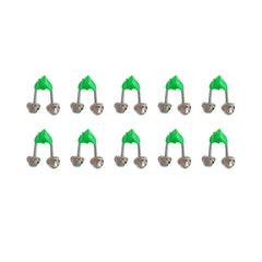Green and silver fishing rod alarm bell clipped to a fishing pole