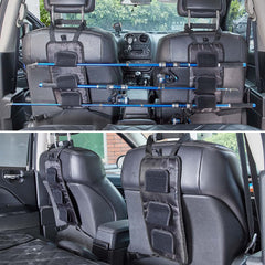 Fishing rod carrier mounted on car back seat with three rods