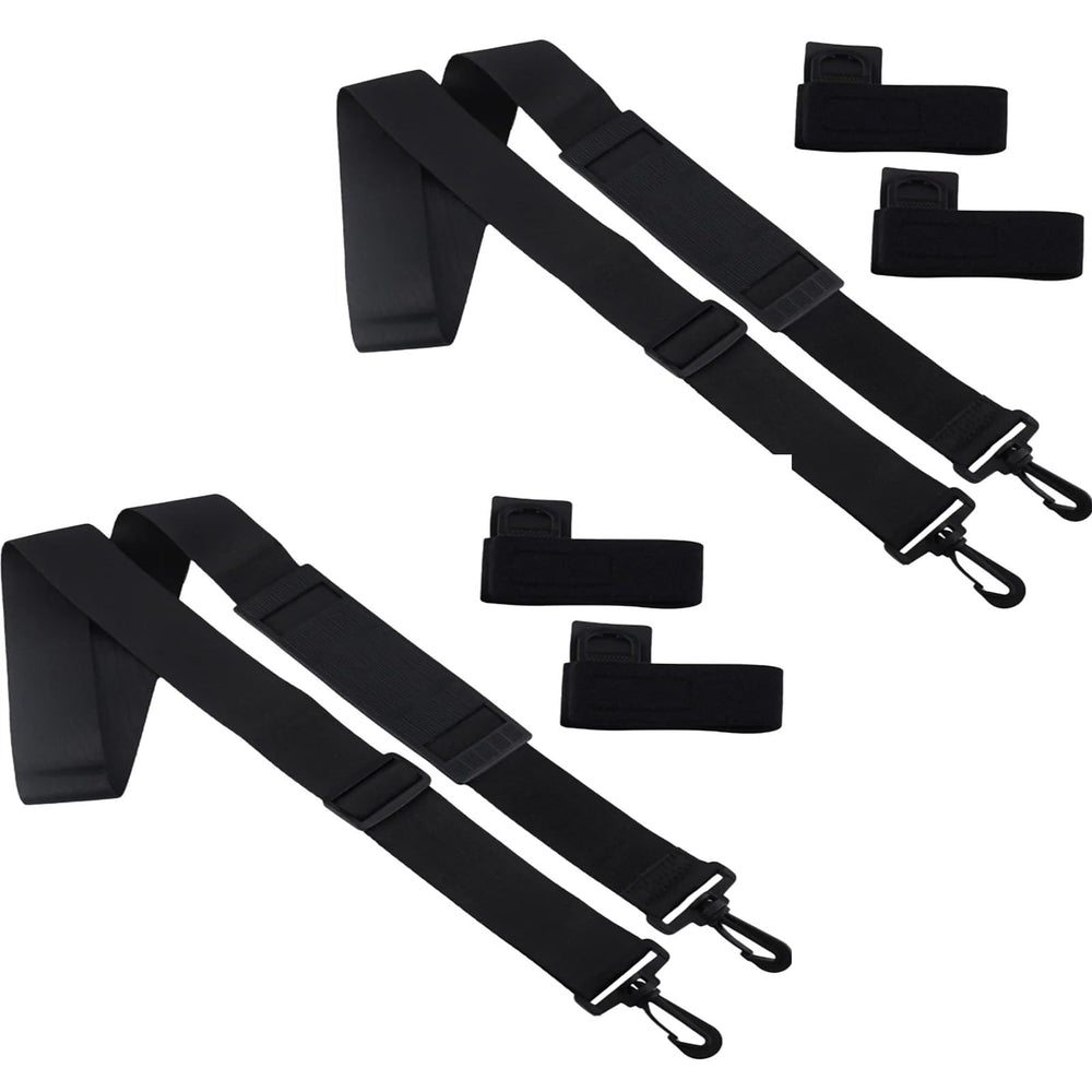 Black nylon fishing rod carry strap worn over shoulder