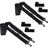 Black nylon fishing rod carry strap worn over shoulder