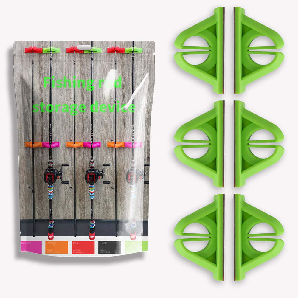 Wall-mounted green fishing rod holder 6-pack with rods