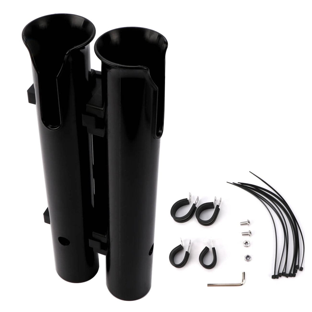 Fishing rod holder mounted on a bicycle back fork holding two fishing rods.
