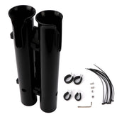 Fishing rod holder mounted on a bicycle back fork holding two fishing rods.