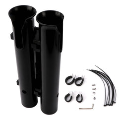Fishing rod holder mounted on a bicycle back fork holding two fishing rods.