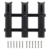 Wall-mounted three-rod fishing rod holder bracket on a wall