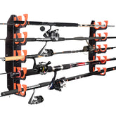 Garage wall mounted fishing rod rack holding up to 10 rods