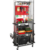 Front view of the red fishing rod holder rack in a garage