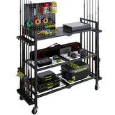 Black 3-tier fishing rod rack designed for garage storage