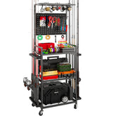 Black garage fishing rod holder with wheels and pegboard storage