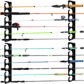 Heavy-duty metal fishing rod rack mounted on wall holding 12 rods