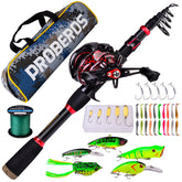 6.9ft telescopic fishing rod with right-handed baitcasting reel and carrier case