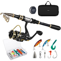 Telescopic fishing rod with reel, carrier bag and accessories
