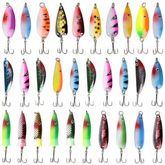 Assorted metal spoon lures with vibrant patterns in a tackle box