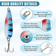 Colorful metal lure spoons with treble hooks for fishing