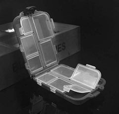 Compact portable tackle storage case opened showing 10 compartments