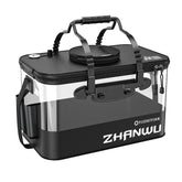 Foldable fishing bucket opened to reveal 6 gallon capacity