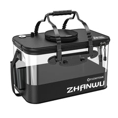 Foldable fishing bucket opened to reveal 6 gallon capacity