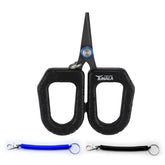 Braided line fishing scissors with serrated blades
