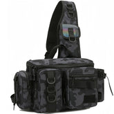 Front view of waterproof Fishing Tackle Backpack with rod holders