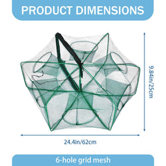 Foldable green fishing trap with zipper and 6 holes