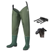 Fishingsir hip waders cleated sole for stable footing on slick riverbeds.
