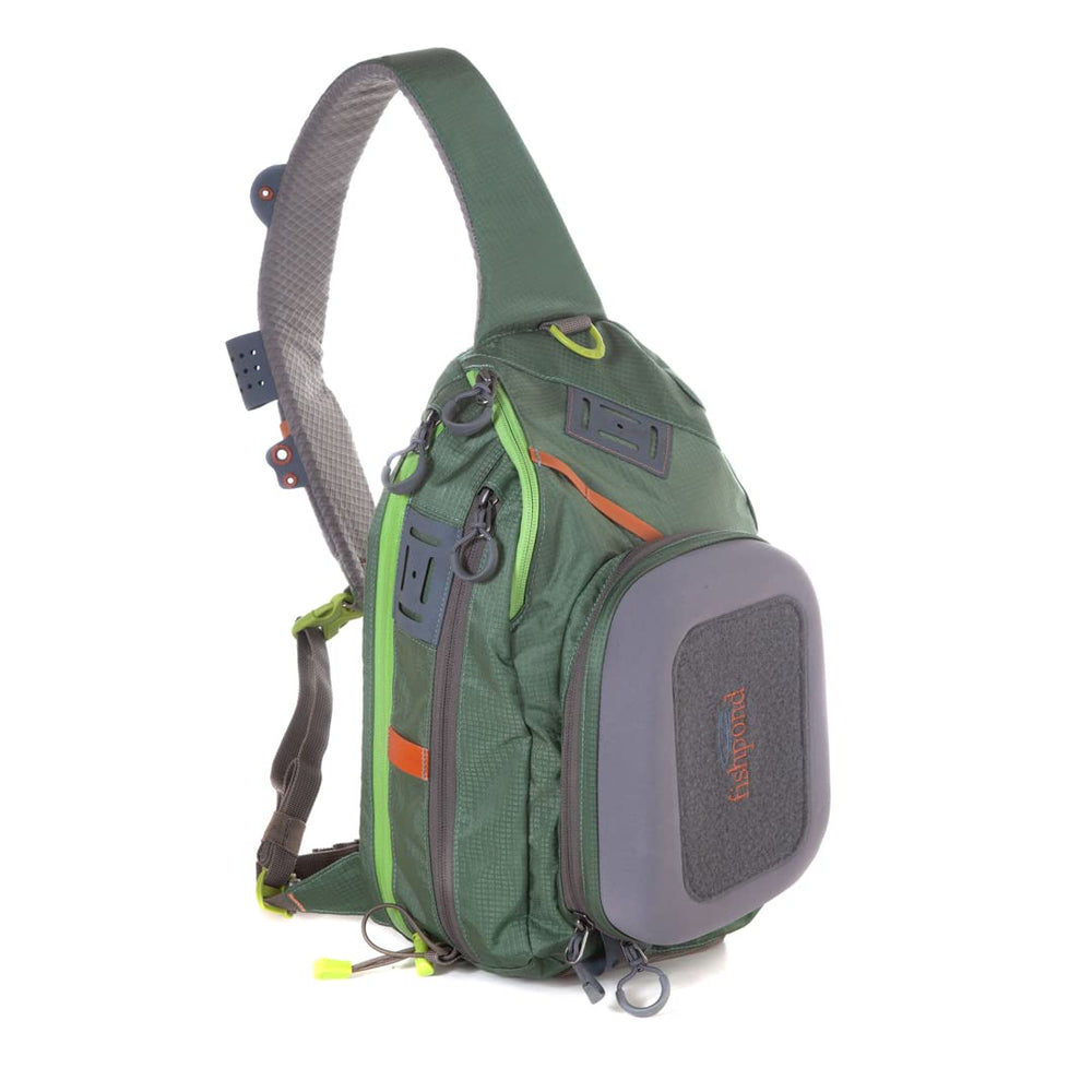 fishpond Summit 2.0 sling pack front view shows quick-access organization on the water.