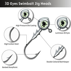 FishTrip jig heads in 3/16 oz size with 3D eyes