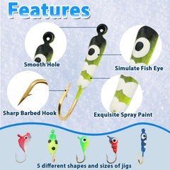 Five jig shapes and colors with reflective baitfish images