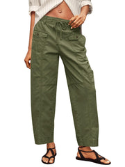 Fisoew women's cargo pants drawstring waist closeup showing adjustable fit for comfort.
