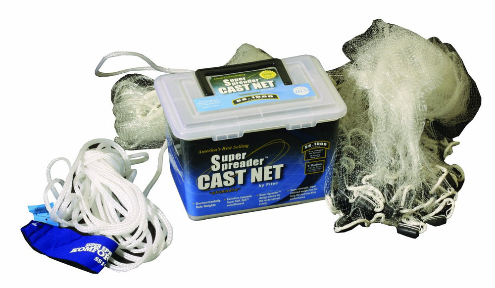 Fitec SS-1000 cast net with 7ft radius sinks quickly and lies flat for easy retrieval.