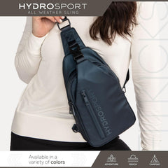 FITKICKS Hydrosport sling bag navy side pocket highlighting secure storage