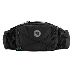Fjällräven Abisko Hip Pack 6 Black front view shows compact daily carry with organized pockets.