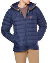 Fjällräven Expedition Pack Down Hoodie Navy front view for warmth and packability