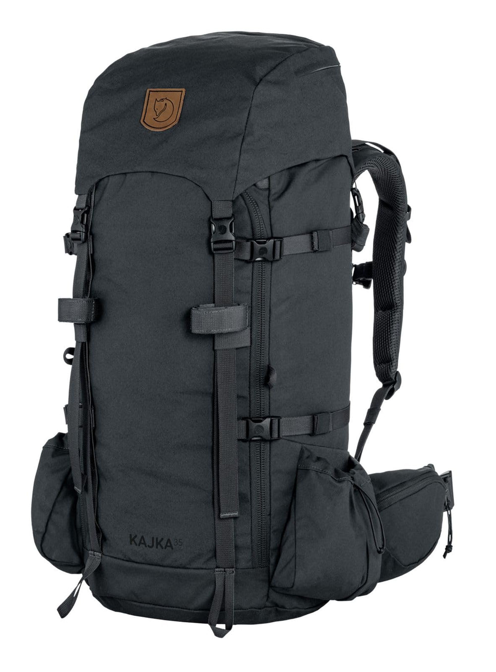 Fjällräven Kajka 35 S/M coal black front view, durable Vinylon fabric and roomy main compartment.
