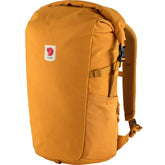 Fjällräven Ulvö Rolltop 30 front view in red gold showing rugged Bergshell fabric for daily protection.