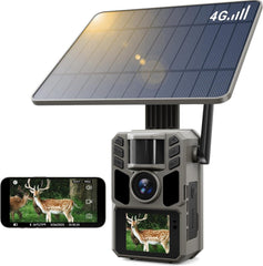 FKPCAM trail camera with solar panel powering outdoor scouting day and night.