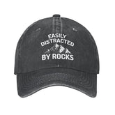 FLALORI Easily Distracted By Rocks Hat front view in black, soft and breathable everyday cap.