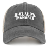 FLALORI Shit Show Manager Hat front view; vintage denim look and breathable comfort.