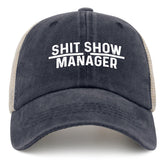 FLALORI Shit Show Manager Hat front view; denim and mesh for summer.
