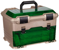 Flambeau Outdoors T5 Multiloader tackle box front-angle in green-gold finish showing storage layout