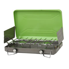 Flame King VT-101 two-burner stove outdoorside view for portable camping use