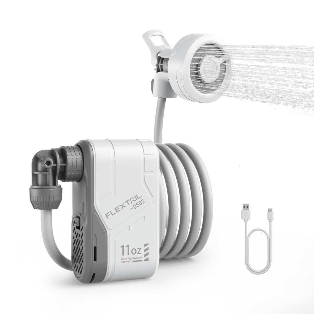 FLEXTAILGEAR MAX Shower compact-design image highlights ultra-light portability for camping.