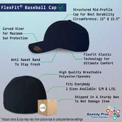 Side view showing fit and curved brim on dark navy flexfit hat